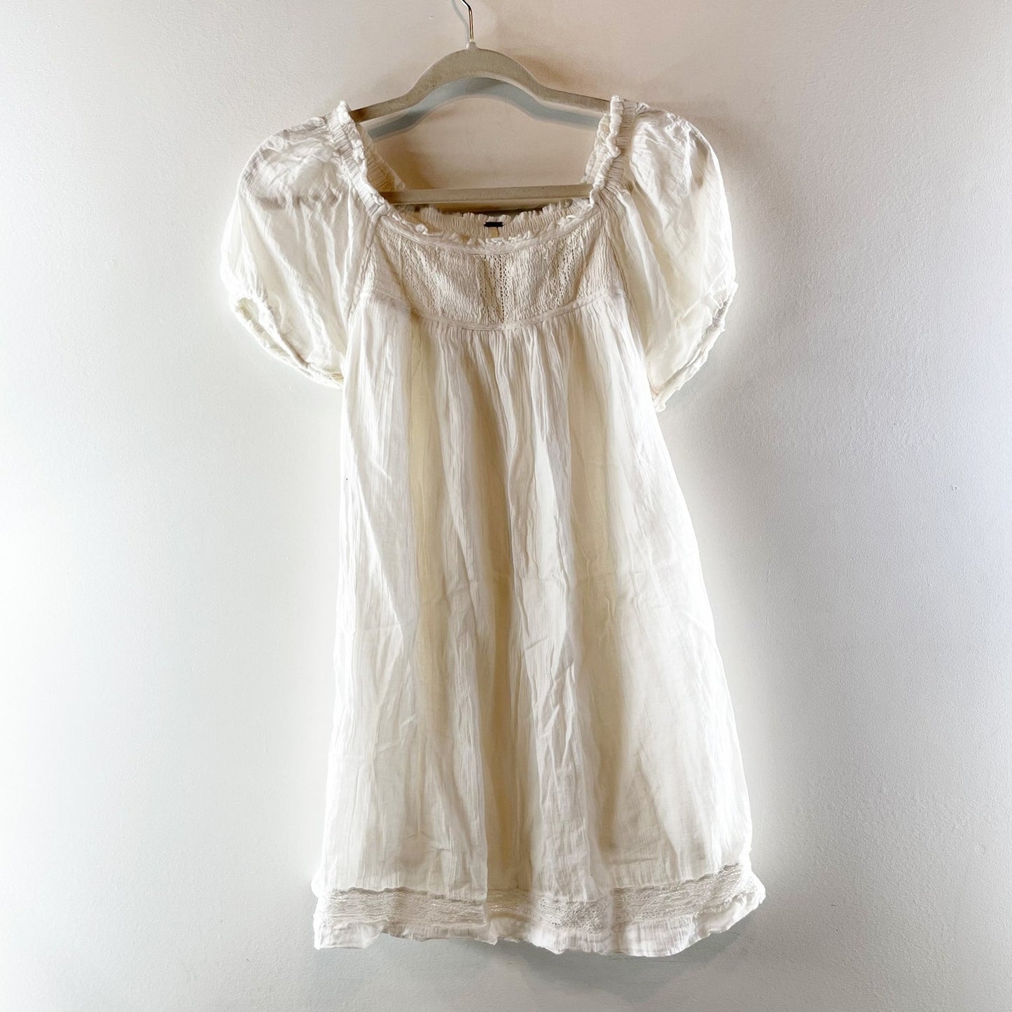 Free People Short Puff Sleeve Smocked Babydoll Mini Dress White XS