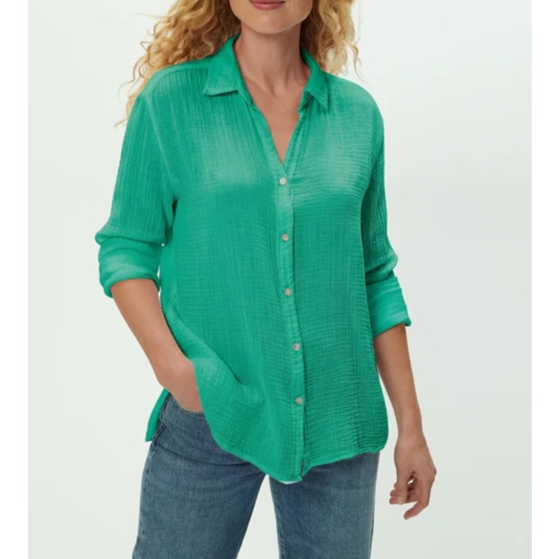Michael Stars Gauze Cotton Leo Button Down Long Sleeve Top Shirt Green XS