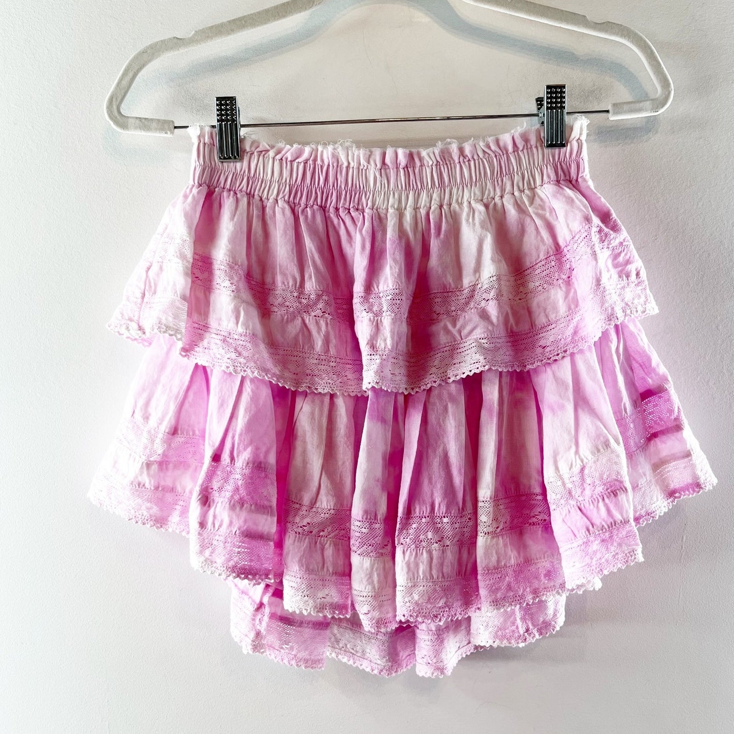 LoveShackFancy Ruffle Cotton Mini Skirt Tie Dye Pink XS