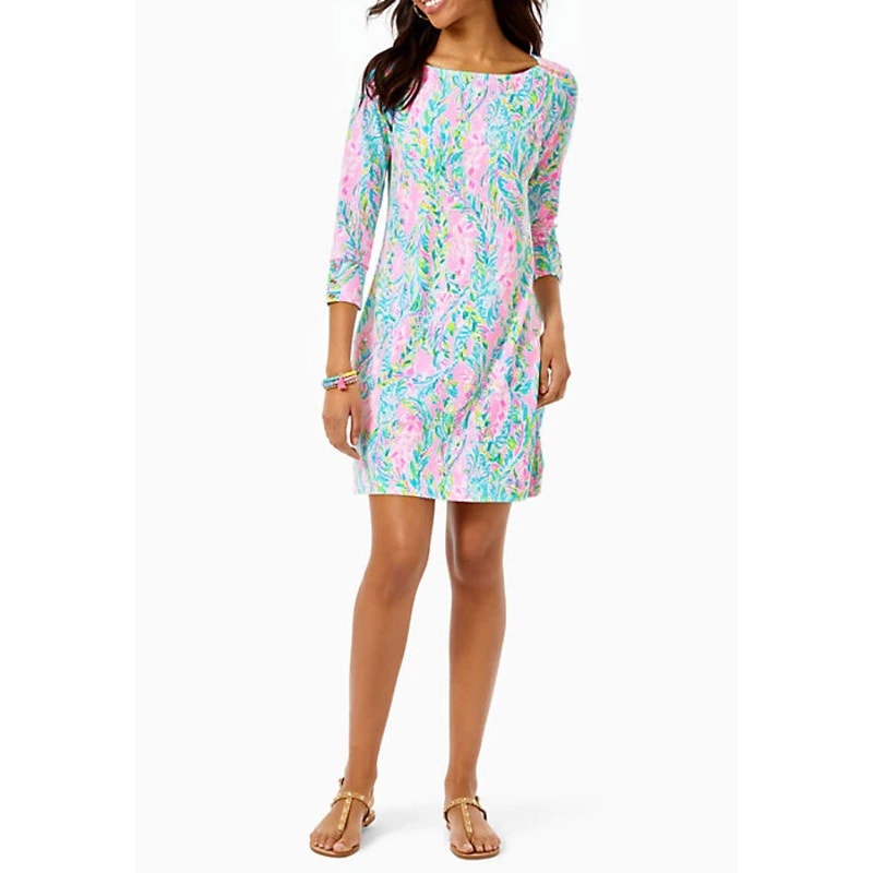 Lilly Pulitzer Sophie 50 UPF 3/4 Sleeve Shift Jersey Mini Dress Blue Pink XL