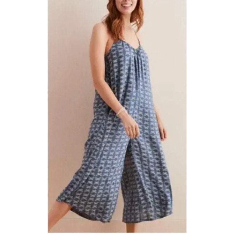 Aerie Butterfly Print Sleeveless Scoop Neck Cropped Wide Leg Jumpsuit Blue XS