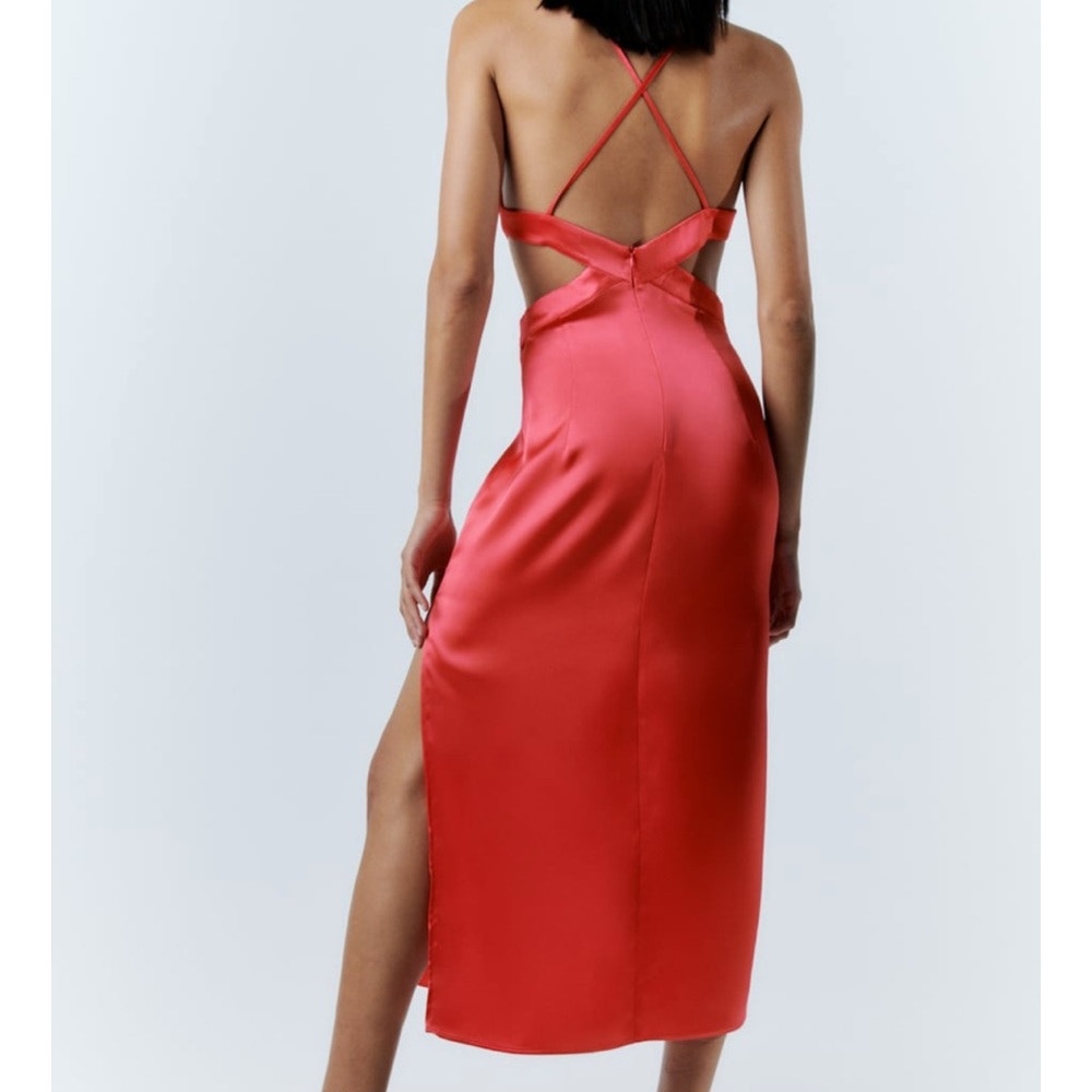 Zara Satin Sleeveless V-Neck Slip Midi Dress with Waist Cutout Pink Medium