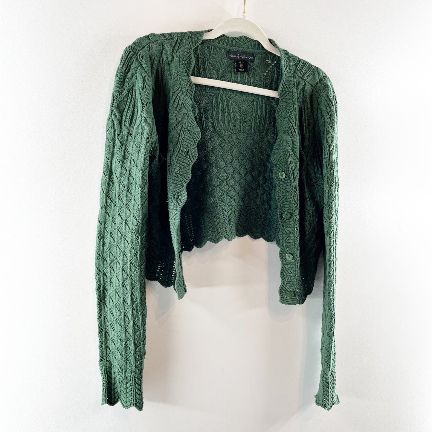 House of Harlow Long Sleeve Cropped Scalloped Cardigan Sweater Green Small