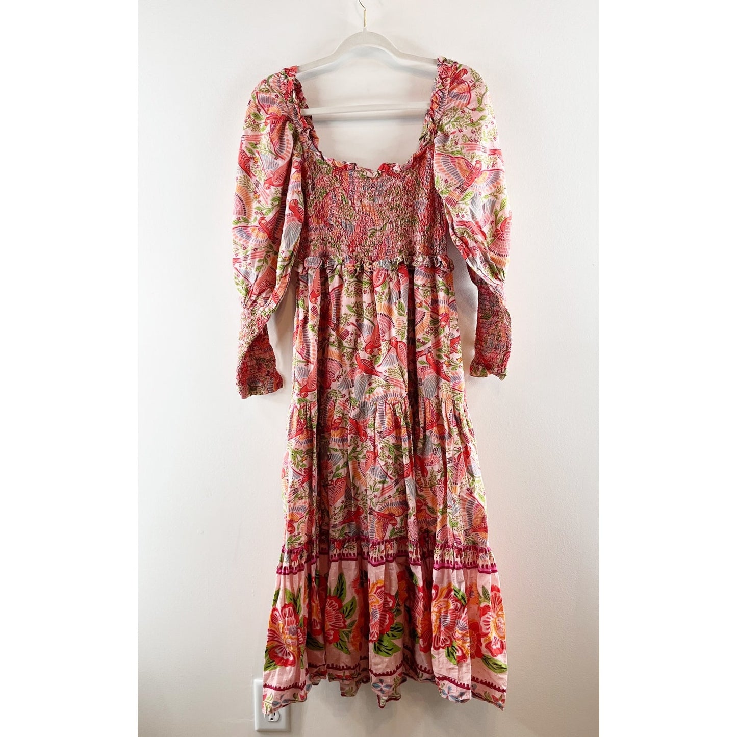 Farm Rio Macaw Flight Smocked Cotton Long Sleeve Midi Dress Pink Red Small
