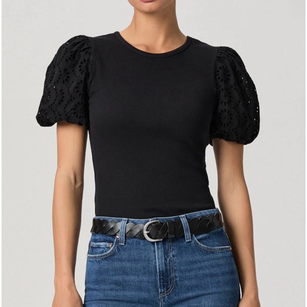 Paige Marina Puff Eyelet Short Sleeve Round Neck Blouse Top Black XS