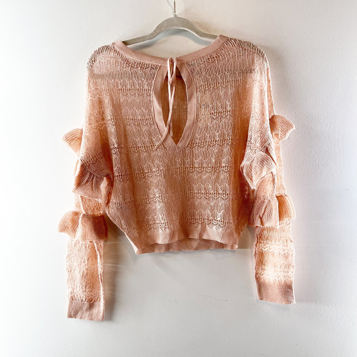 Anthropologie Sheer Open-Stitch Ruffle Pullover Sweater Pink Peach Small