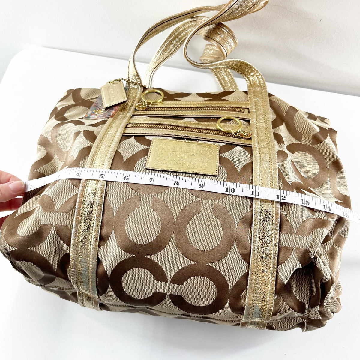 Coach Poppy Signature C Logo Shoulder Tote Bag Purse Brown Gold