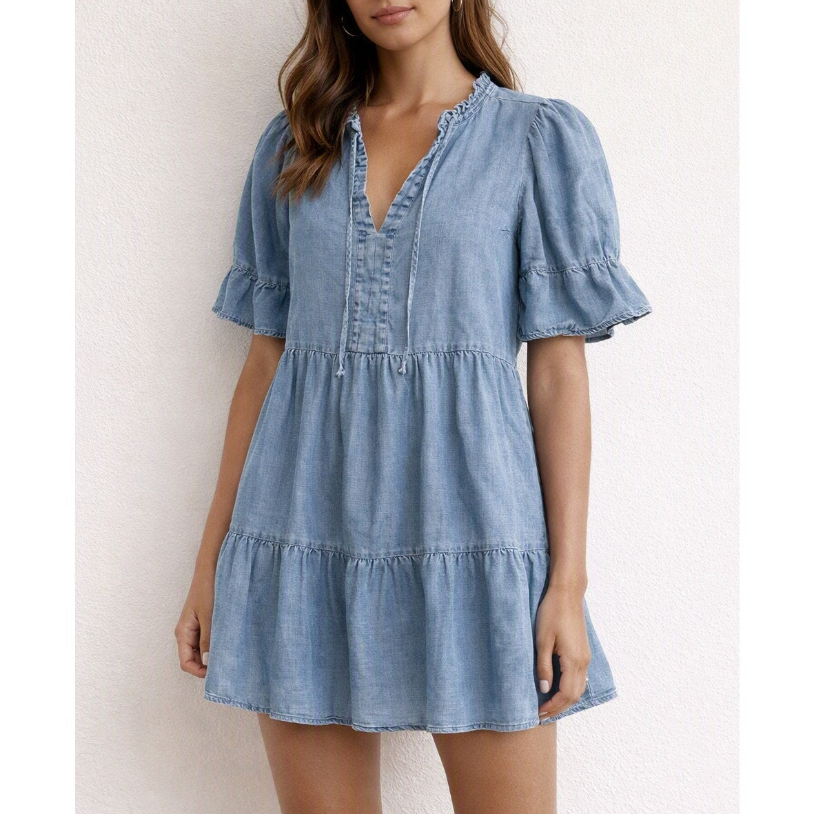 LOFT Chambray Short Ruffle Sleeve Tiered Mini Babydoll Dress Blue Medium