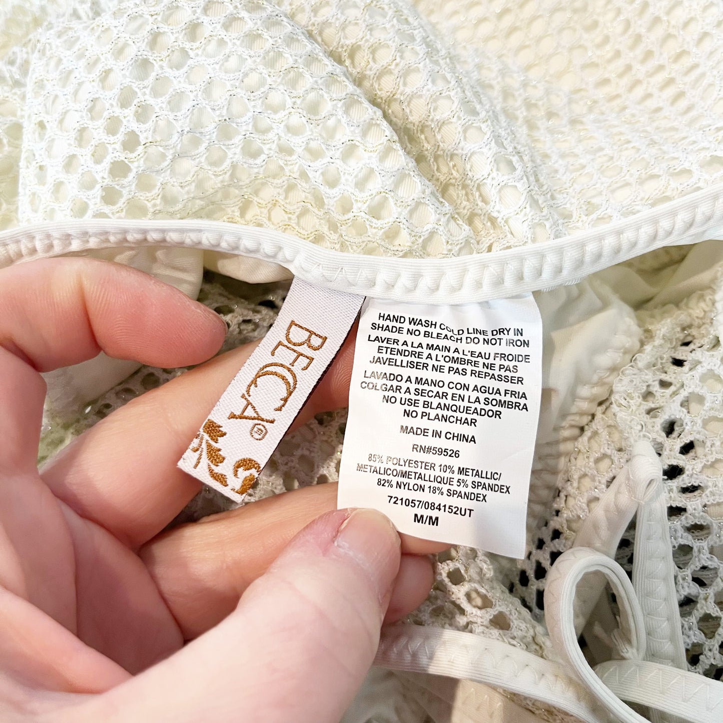 Becca Play Crochet Plunge One Piece Open Back Swimsuit White Medium