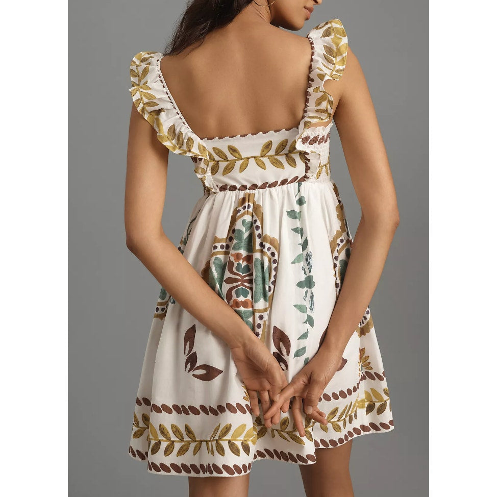 Anthropologie Ruffle-Sleeve Square-Neck Printed Mini Dress White XS