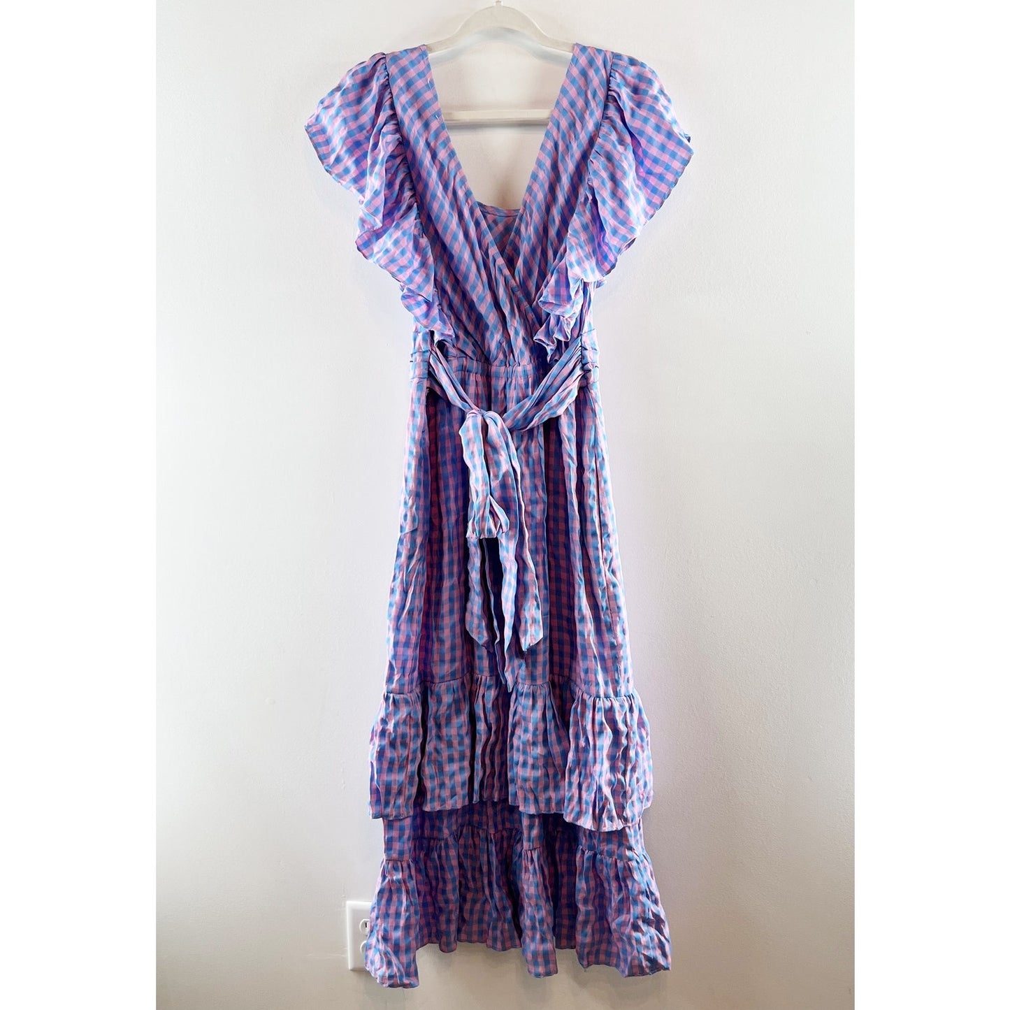 Entro Gingham Print Flutter Sleeve Square Neck Maxi Dress Purple Pink Medium