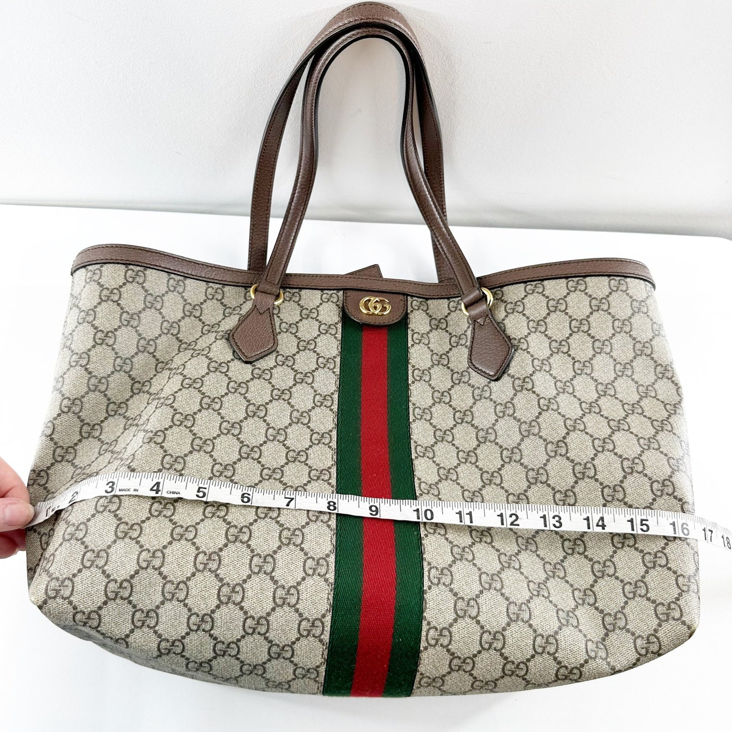 Gucci Ophidia GG Web Stripe Medium Tote Bag Beige Tan and Ebony