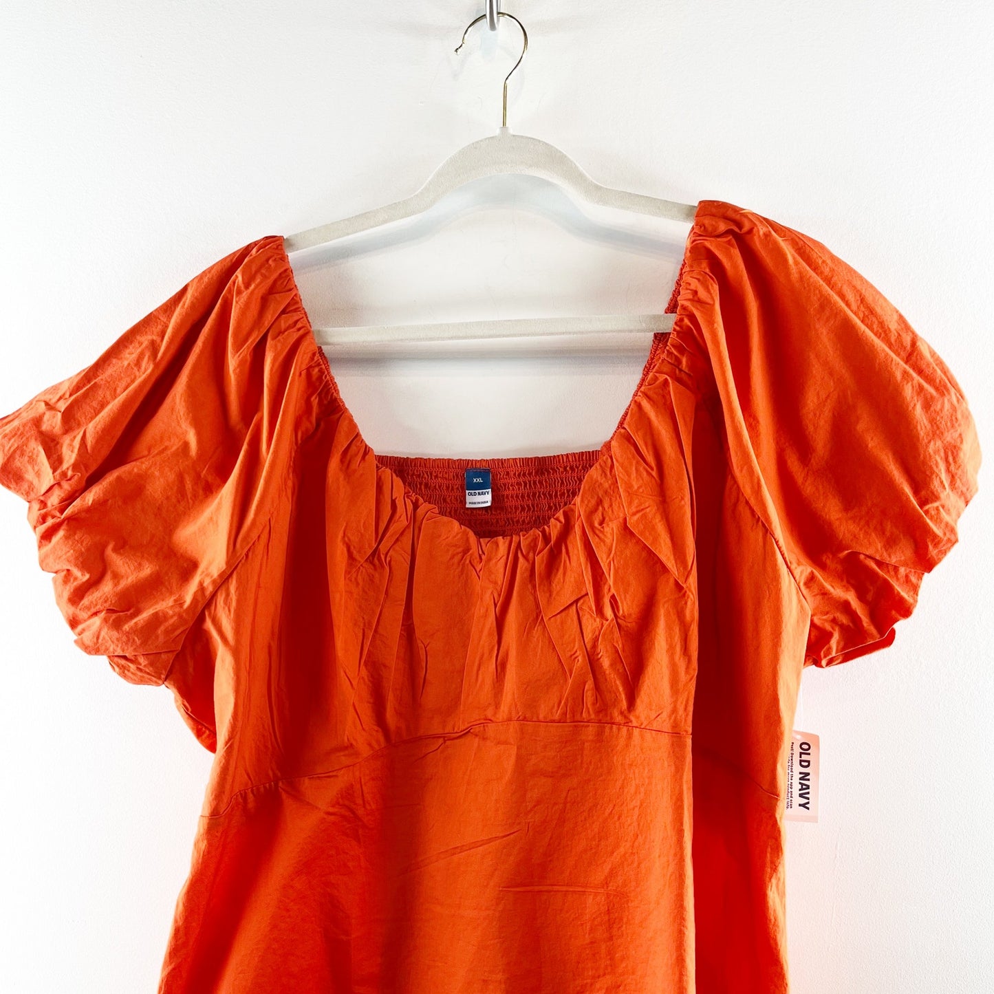 Old Navy Waist-Defined Short Puff Sleeve V-Neck Top Blouse Warm Sunset Orange 2X