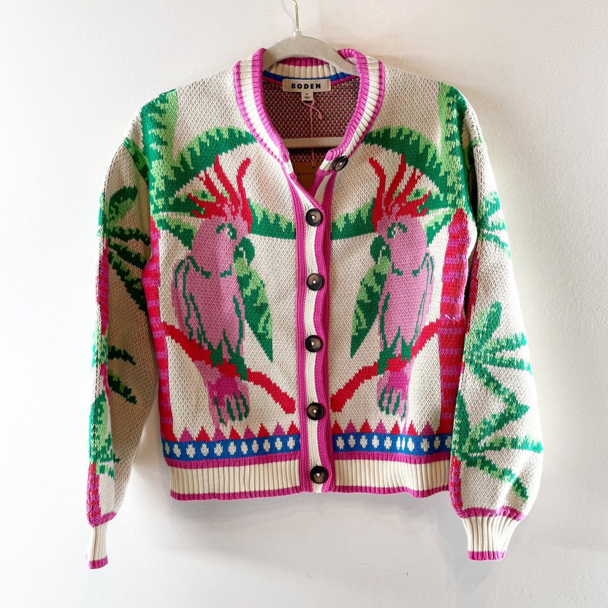 Boden Abi Jacquard Long Sleeve Cardigan Sweater Warm Ivory Palm Tree Birds XS