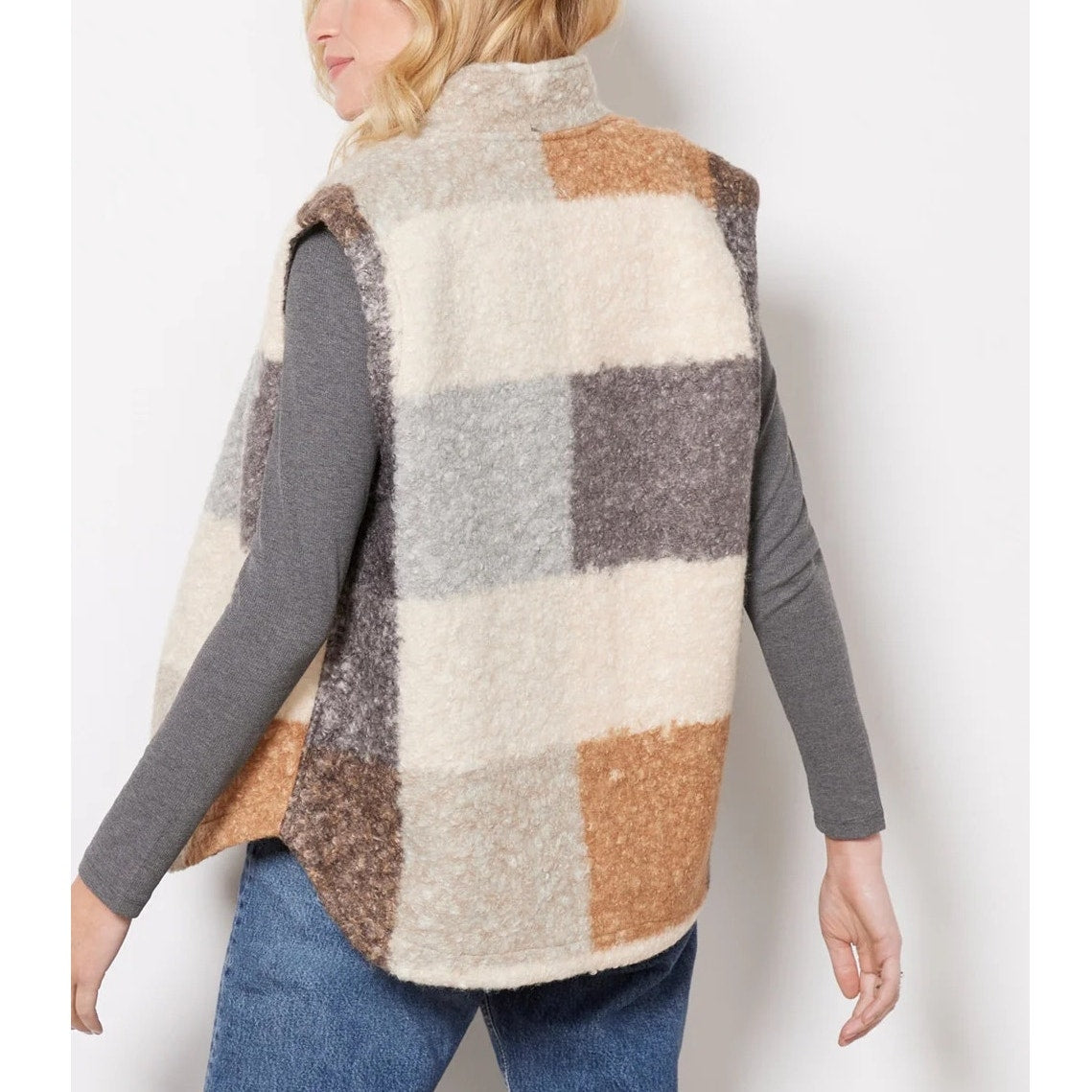 Blank NYC Good Time Faux Fur Plaid Button Up Vest Cream Gray Brown XS