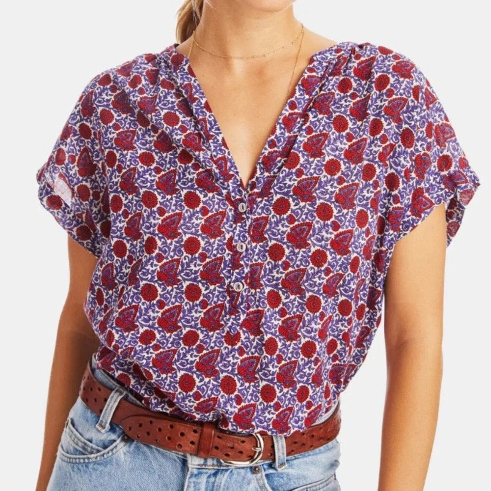 Xirena Short Sleeve Cotton Printed Sam Button Front Top Blouse Purple Red Small