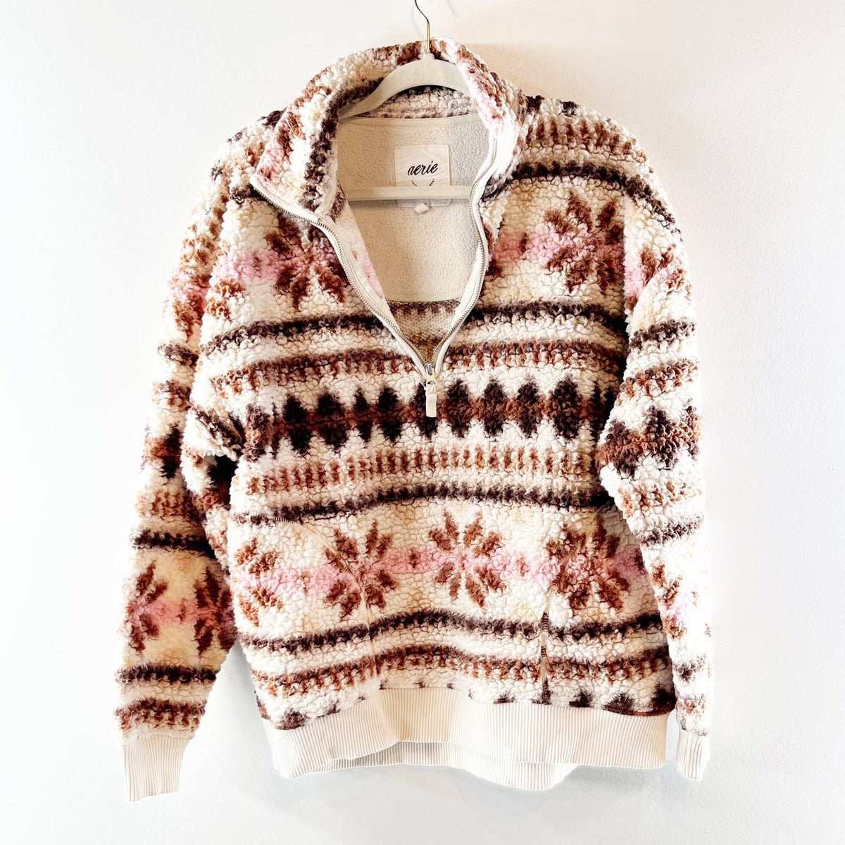 Aerie Hometown Holiday Fair Isle Half Zip Sweatshirt Cream Brown Small