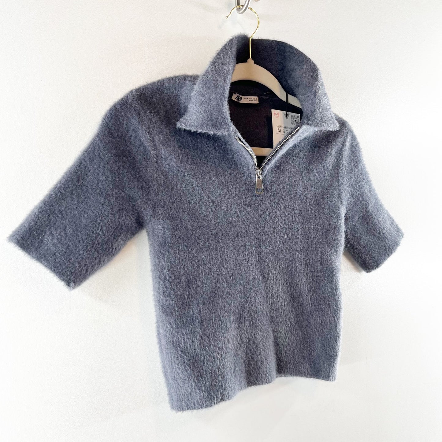 Zara Short Sleeve 1/4 Zip Collared Cropped Faux Polo Top Charcoal Gray Medium