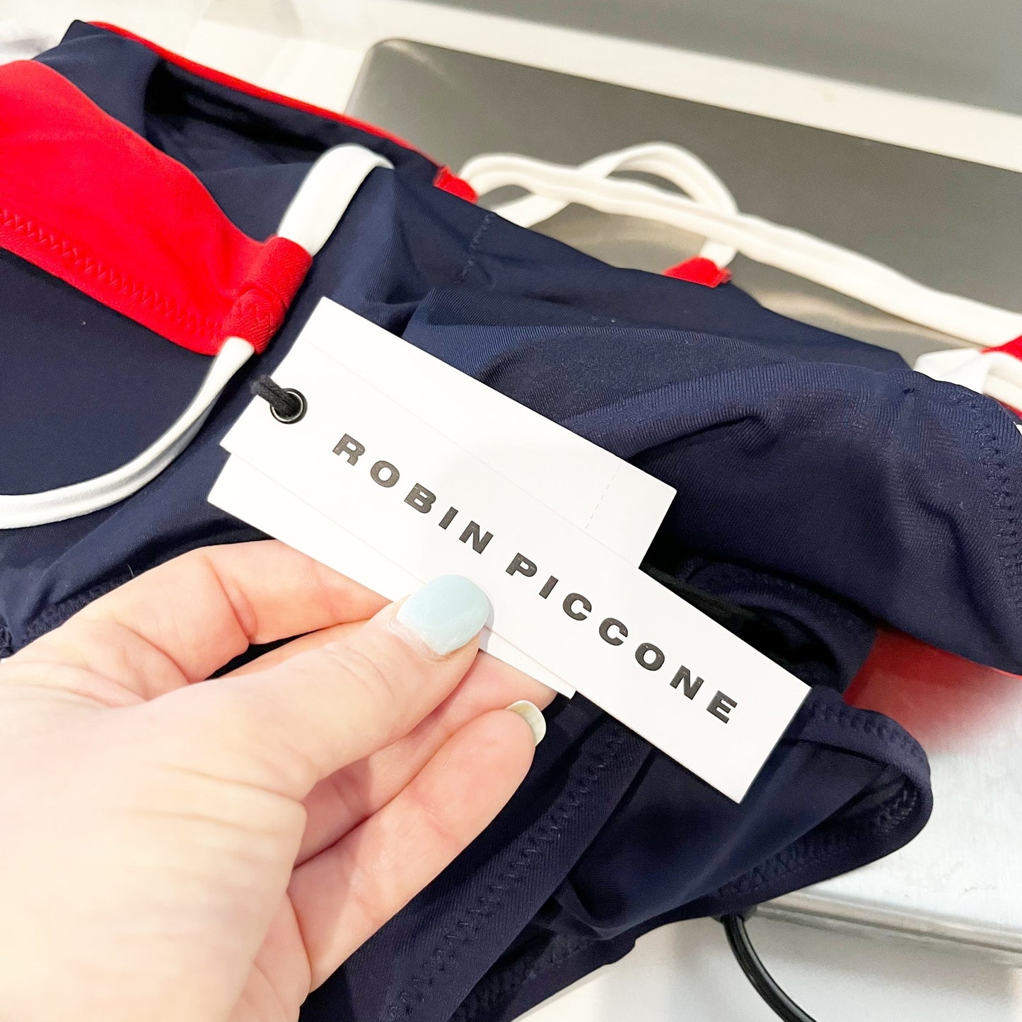 Robin Piccone Babe Colorblock Strappy Back One-Piece Swimsuit Navy Blue Red 6