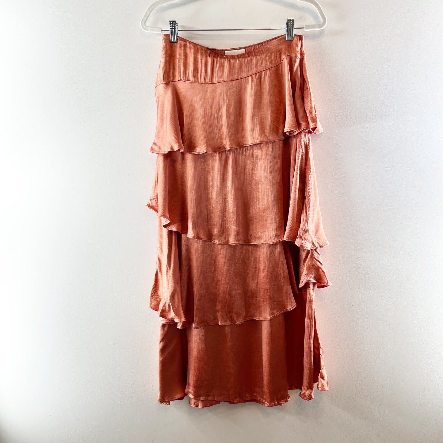 Maeve Anthropologie Cassia Satin Tiered Maxi Skirt Coral Pink Rust Orange 6