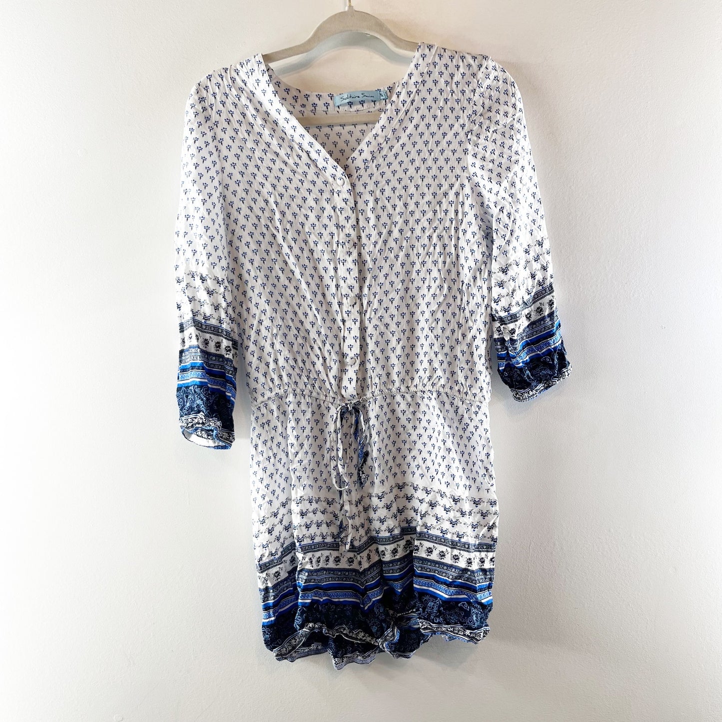 Solitaire Swim 3/4 Sleeve Printed Boho Romper Swim Cover Up White Blue Medium