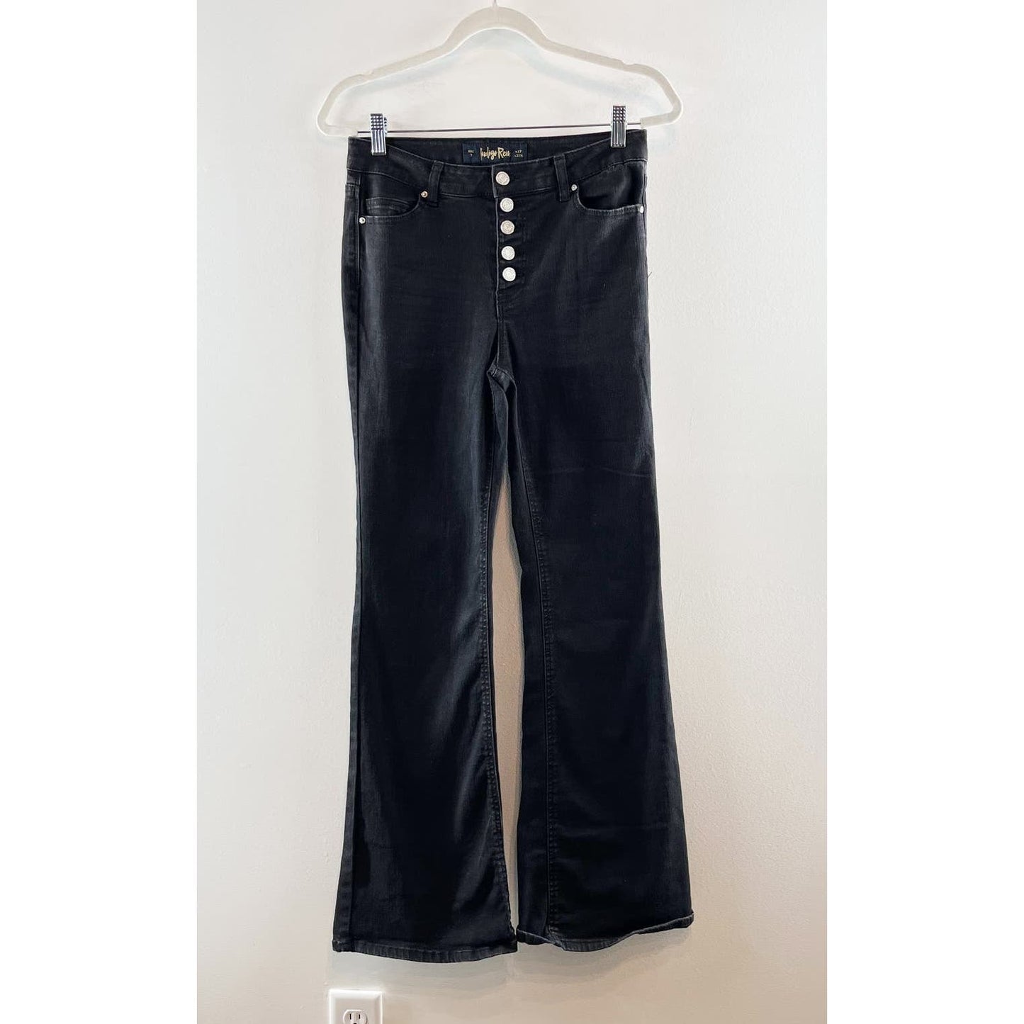 Indigo Rain Button Fly High Rise Stretch Denim Flare Jeans Black 27