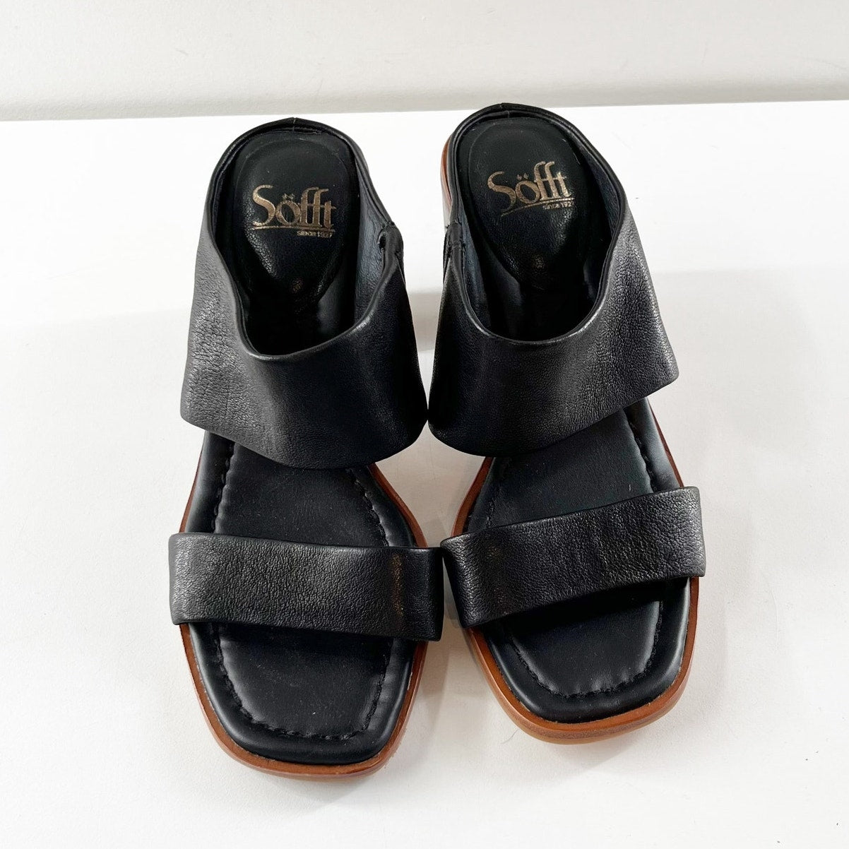 Sofft Sheila Leather Block Hell Square Toe Mule Sandals Shoes Black 8