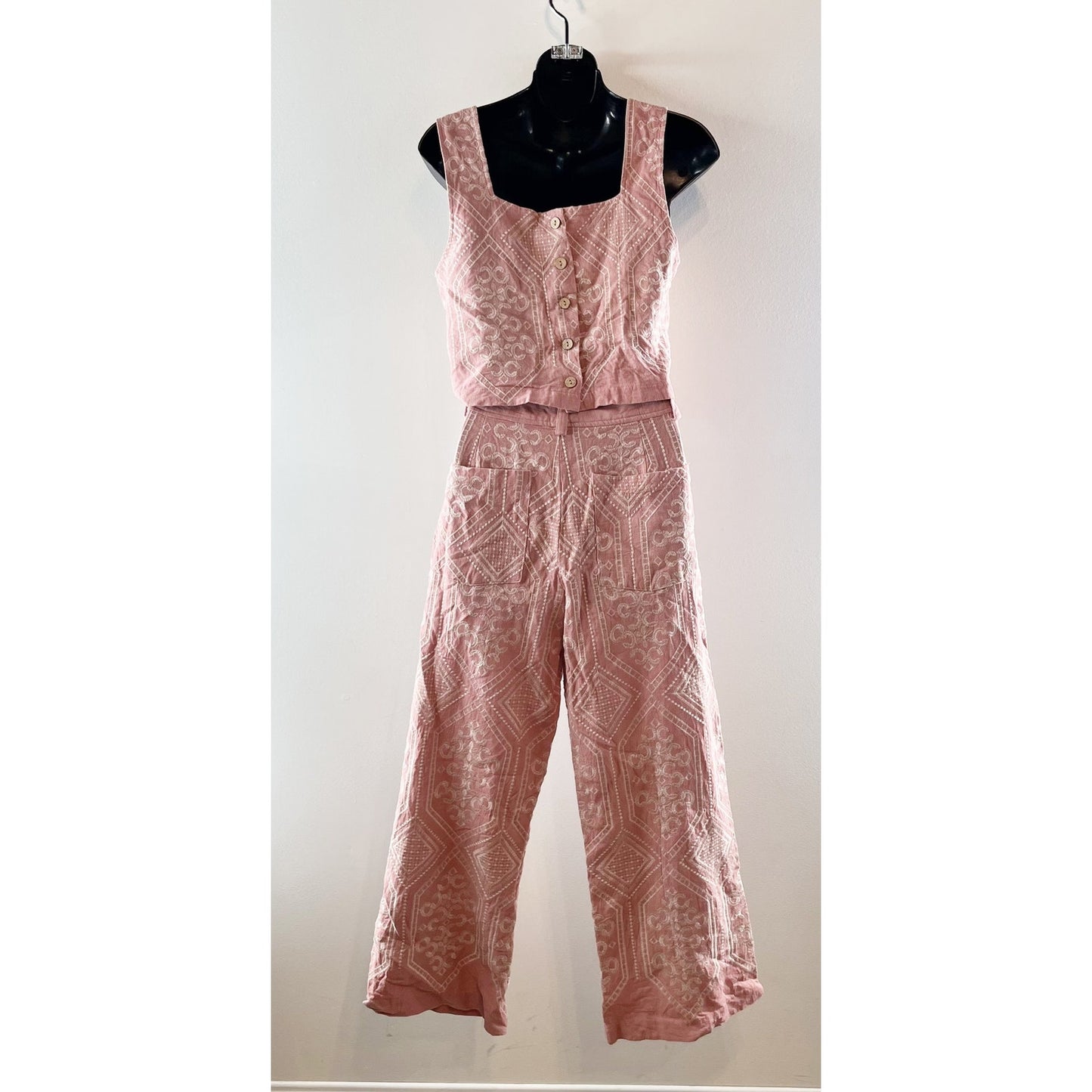 Joie Embroidered Linen Blend Crop Tank Top & Wide Leg Pants Dusty Pink 2 / Small