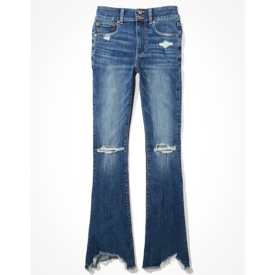 American Eagle High Rise Artist Flare Chewed Hem Jeans Blue 12
