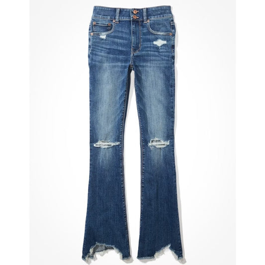American Eagle High Rise Artist Flare Chewed Hem Jeans Blue 12