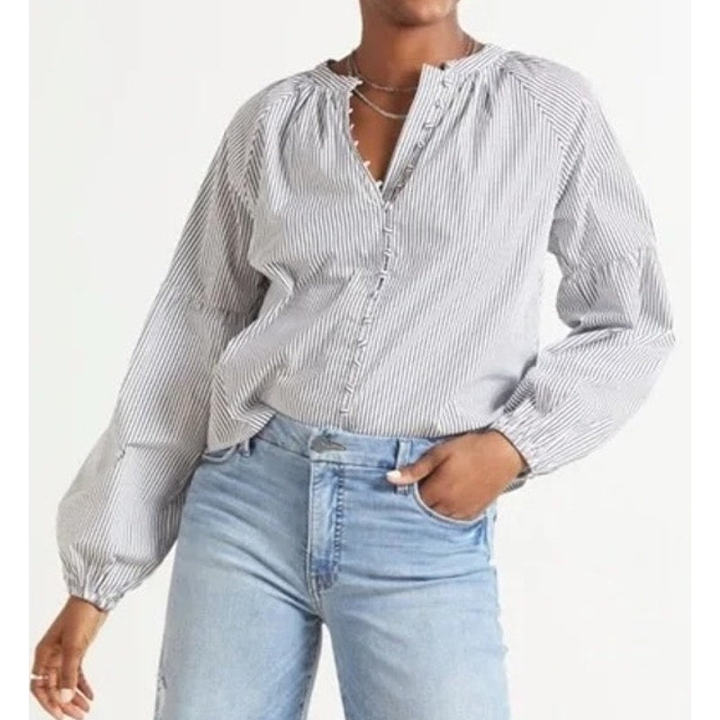 Evereve Sofia Striped Button Down Poplin Shirt Top Blue White XS
