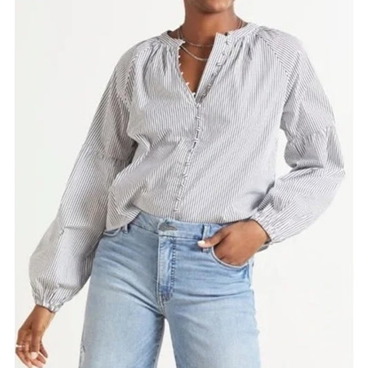 Evereve Sofia Striped Button Down Poplin Shirt Top Blue White XS