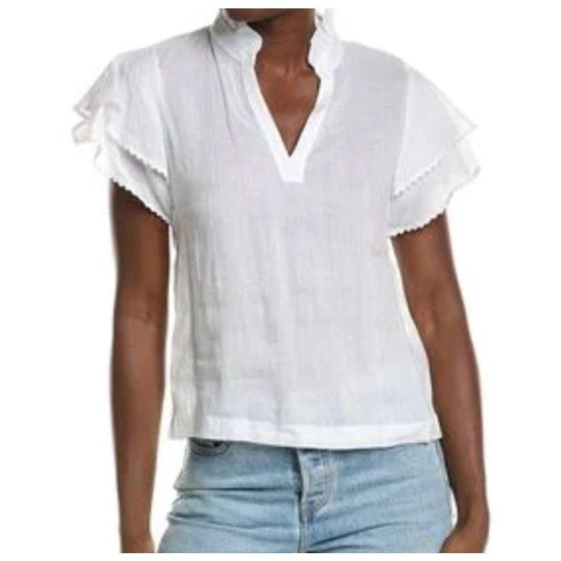 J. McLaughlin Elara Short Ruffle Sleeve Blouse Shirt White Large