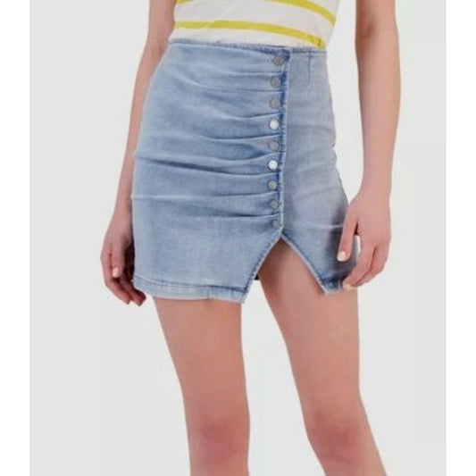 DKNY Ruched Side Button High Rise Mini Denim Jean Skirt Blue Large