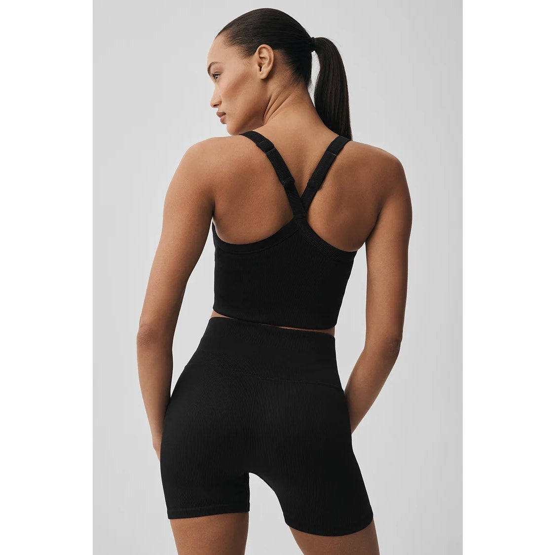 Alo Seamless Ribbed Favorite Bra Cropped Fitted Tank Top Black Small