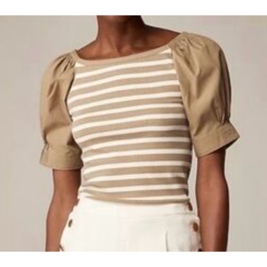 J. Crew Short Puff Sleeve Striped Ribbed Top Tee Shirt Tan Cream Large