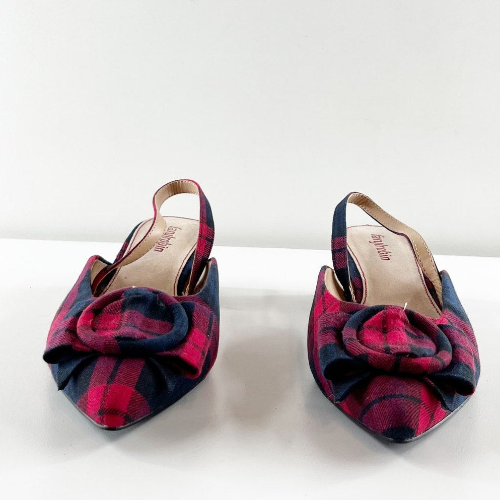 Farylrobin Anthropologie Pointed Toe Slingback Plaid Block Heels Red Blue 9.5