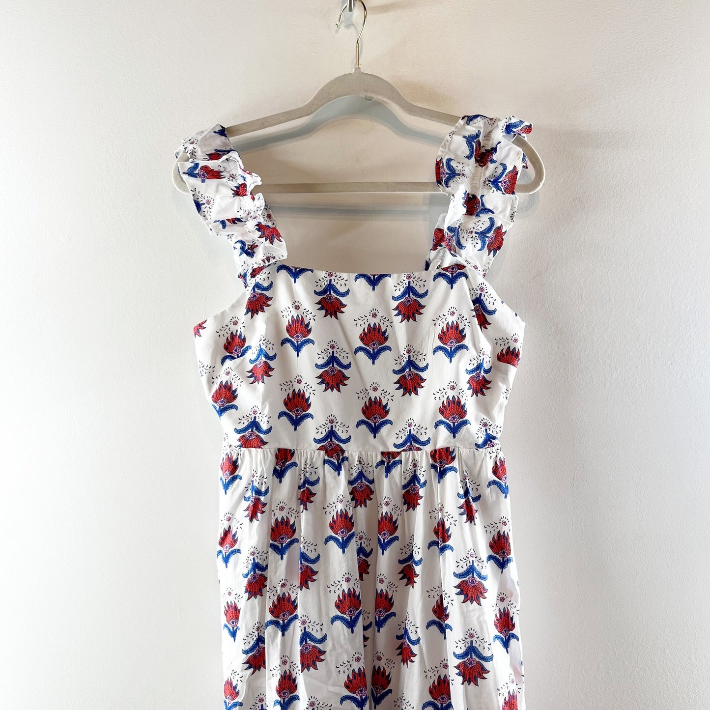 J. Crew Ruffle Strap Floral Print Square Neck Cotton Midi Dress White Red Blue 6
