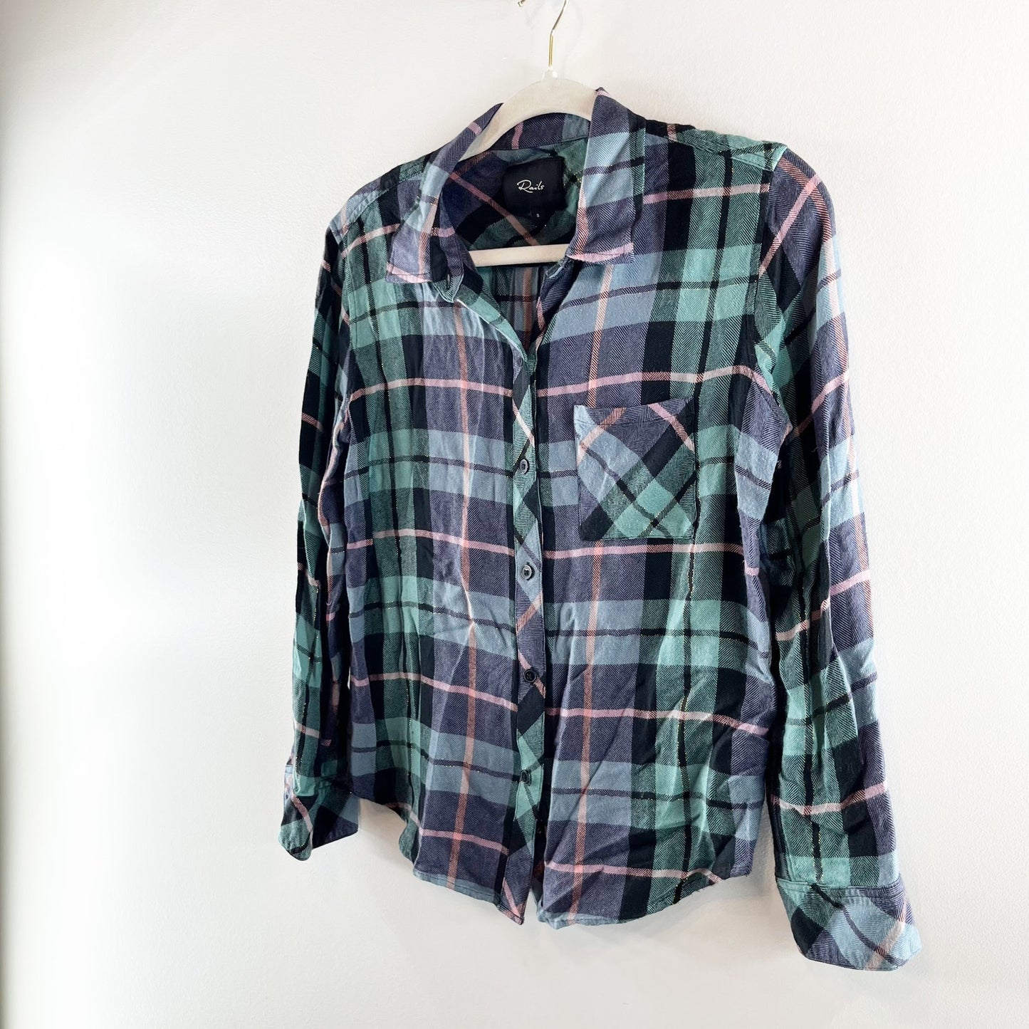 Rails Hunter Plaid Button Up Long Sleeve Shirt Teal Navy Blue Pink Small