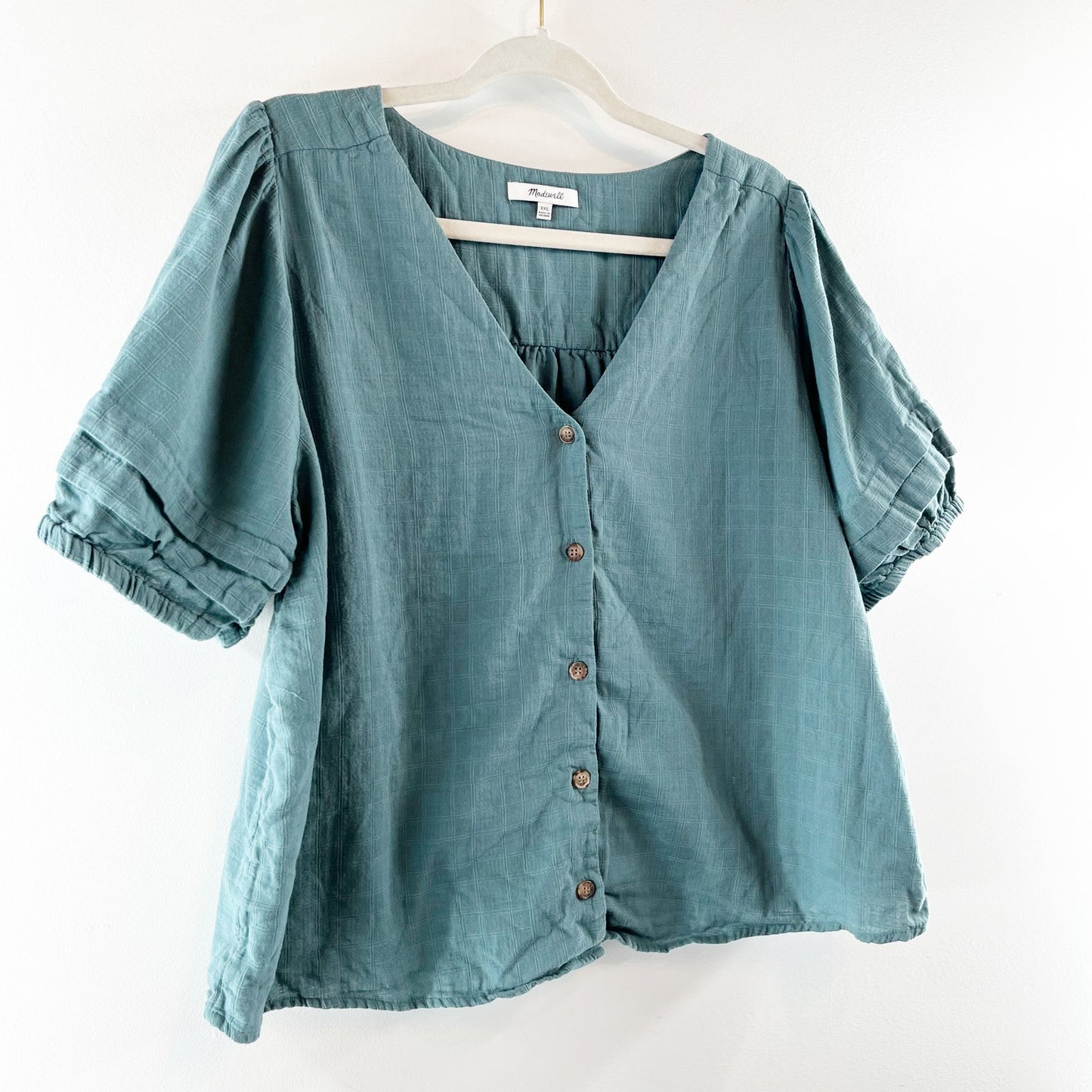 Madewell Cotton Button Up Pembroke Short Sleeve Top Blouse Green XXL