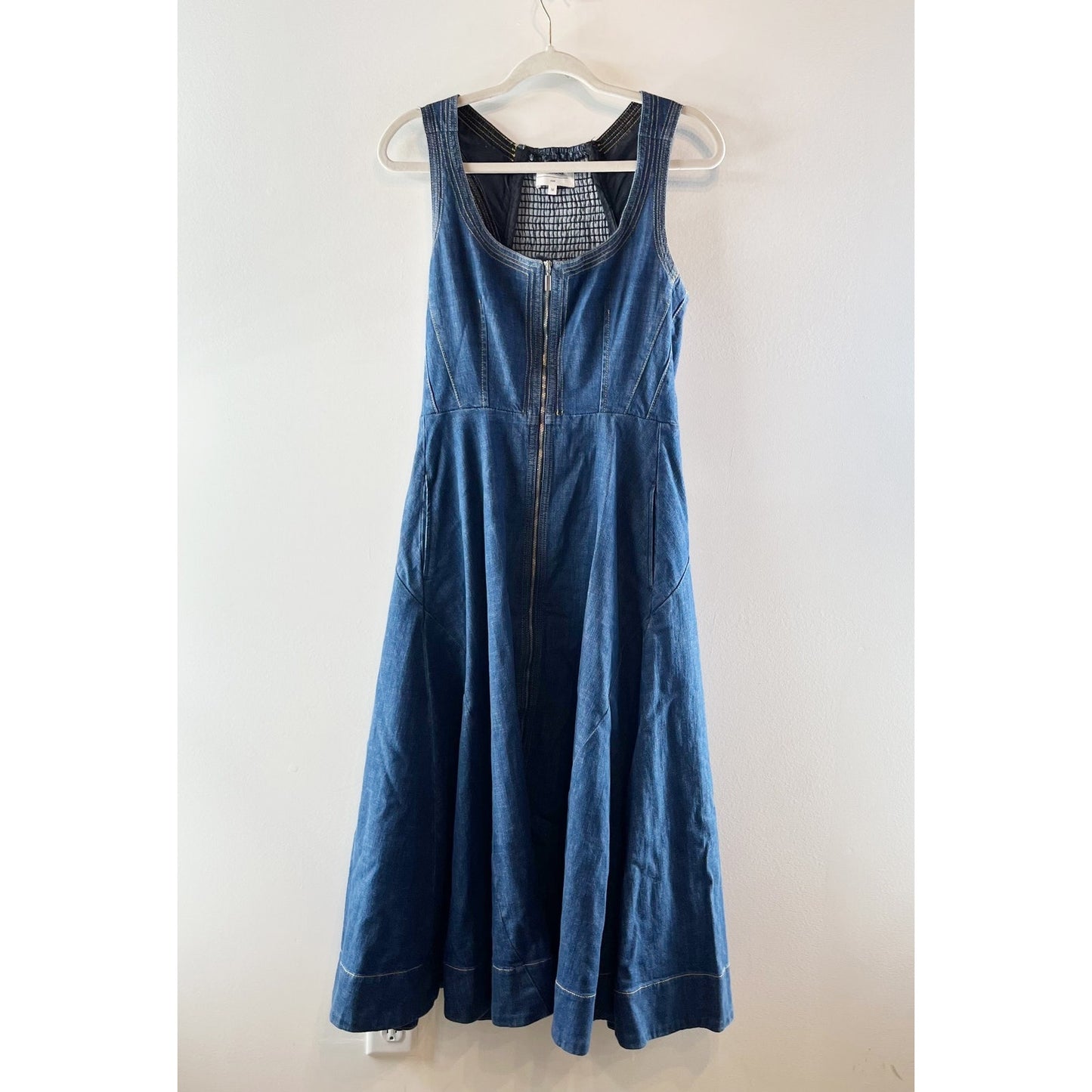 LA LIGNE Selby Sleeveless Scoop Neck Zip Up A-Line Maxi Dress Blue Medium