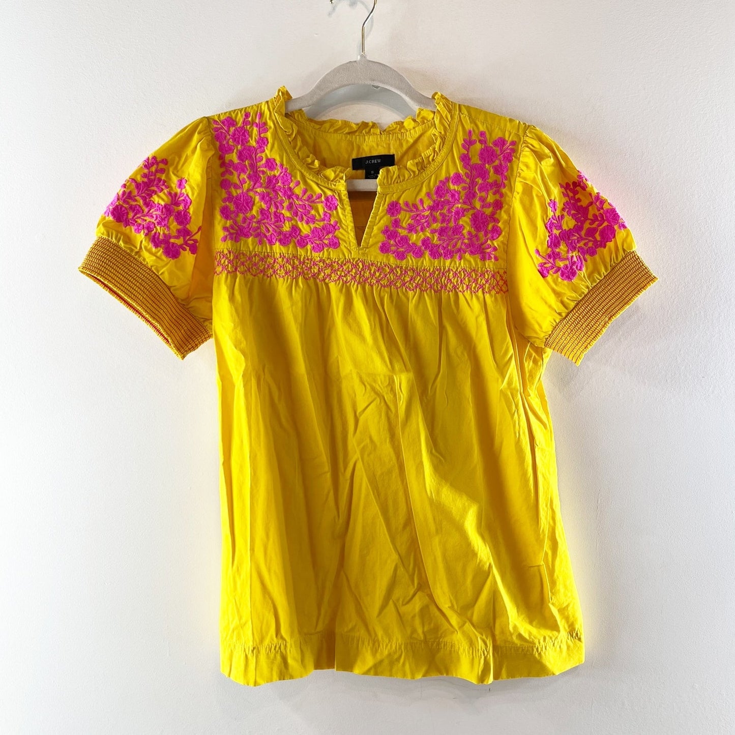 J. Crew Short Puff Sleeve Embroidered Cotton Poplin Blouse Top Yellow Pink Small