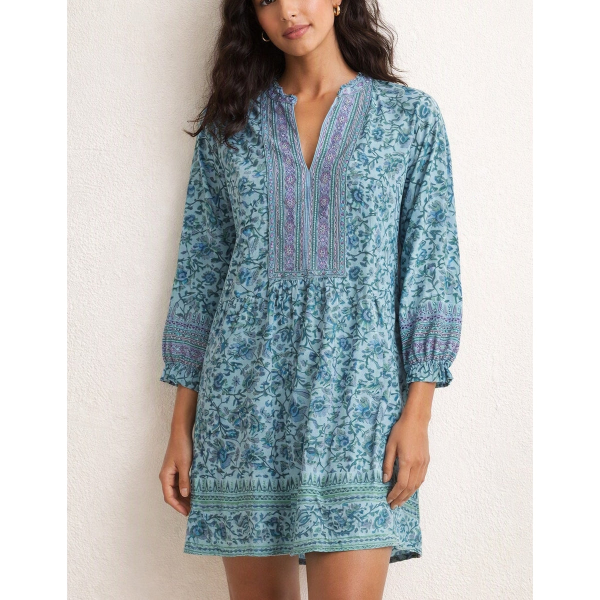 Bella Tu Long Sleeve Embroidered Tunic Shift Dress Green XL