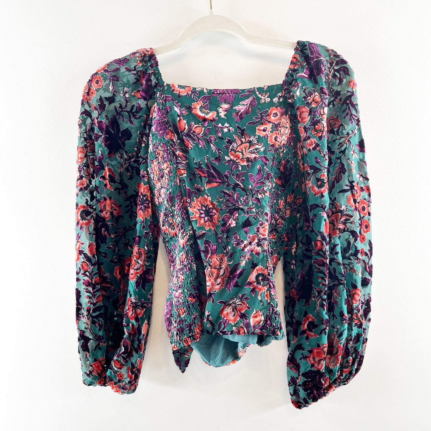 Anthropologie Long Sleeve Velvet Floral Wrap Top Blouse Green Pink XS