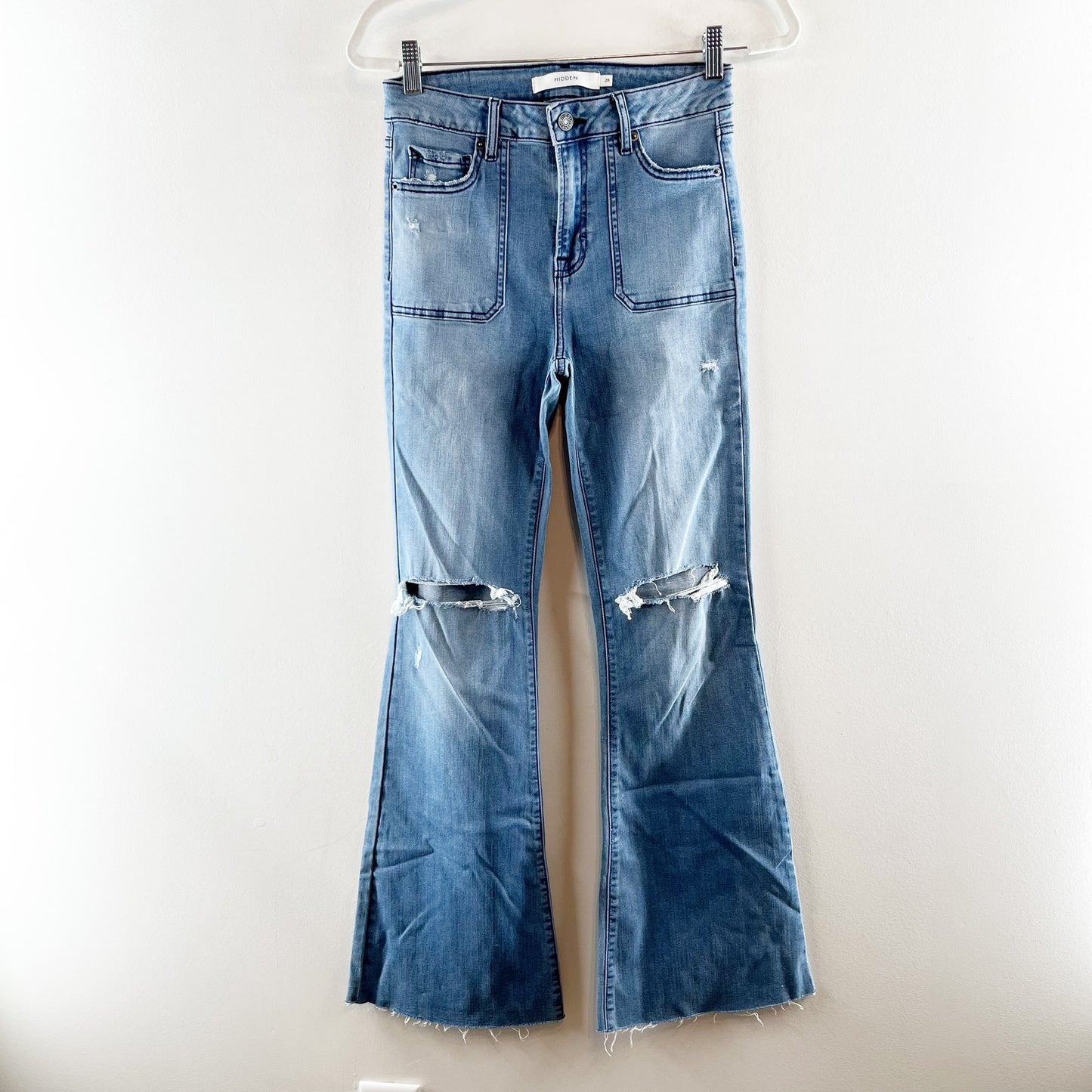 Hidden High Rise Busted Knee Flare Stretch Jeans Blue 28