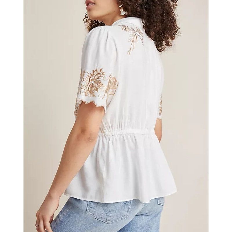 Anthropologie Kathryn Embroidered Short Sleeve Blouse Top White US 2