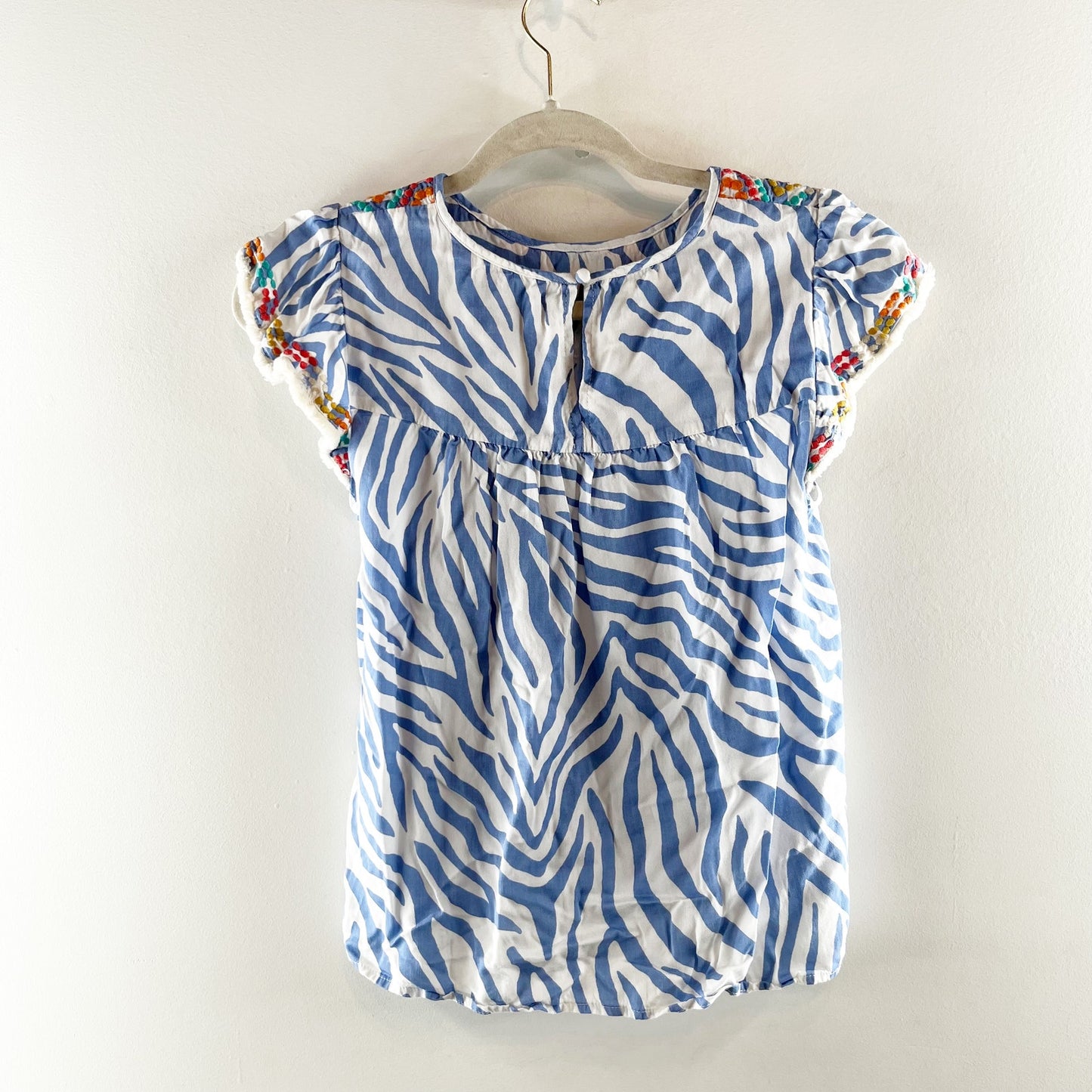 THML Embroidered Ruffle Sleeve Zebra Print Blouse Top Blue White XS