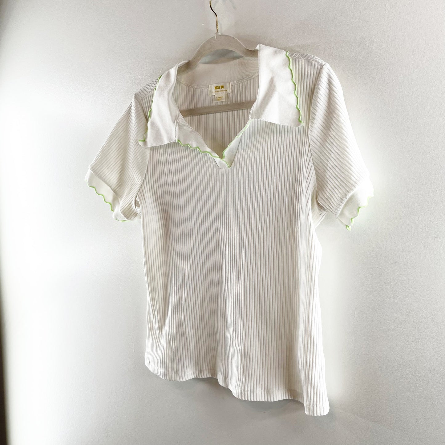 Maeve by Anthropologie Scalloped Short Sleeve Collared Polo Tee White Green XL