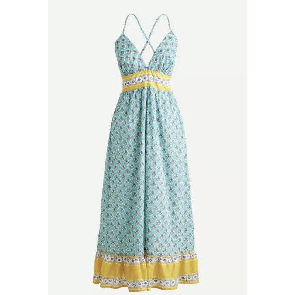 J. Crew Beach Criss Cross V Neck Maxi Sundress Dress Green Yellow Large