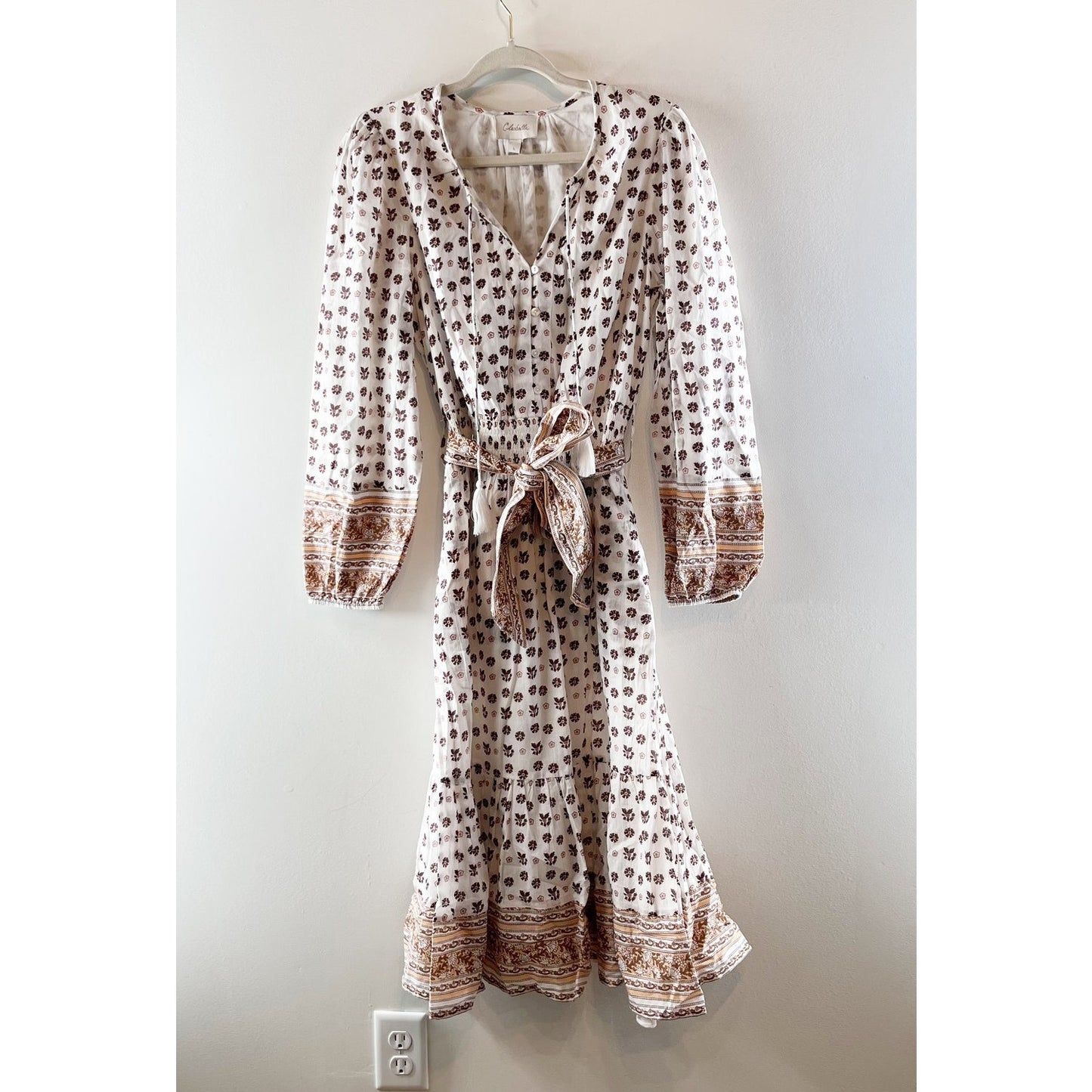 Cleobella Blakely Long Sleeve Tiered Peasant Midi Dress White Beige Large